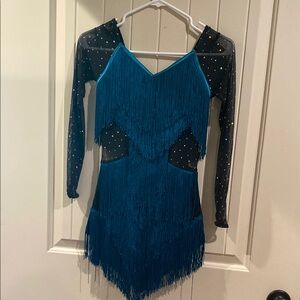 Blue Fringe Dance Costume with Sequin Sleeves